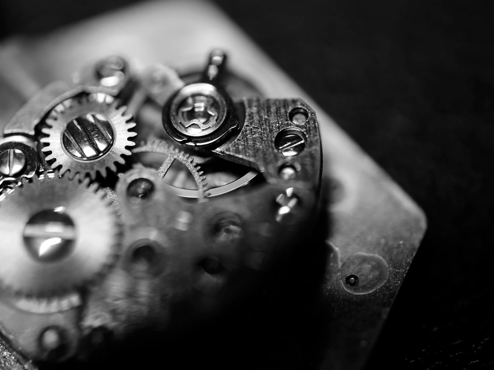 Black and white close-up of a mechanical watch movement